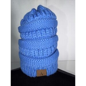 Anazalea‎ Blue Knit Beanie Hat Faux Fur Lining Warm Stylish Winter Ski
